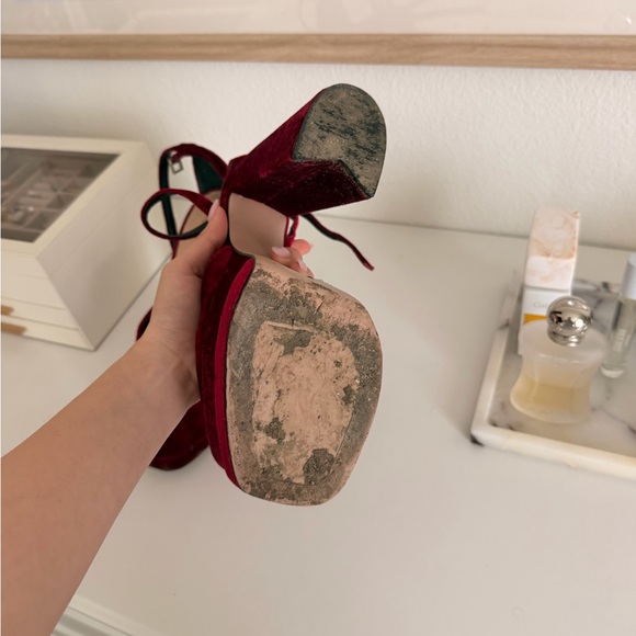 SCHUTZ Burgundy Velvet Platform Sandals with Ankle Tie - Picture 3 of 4